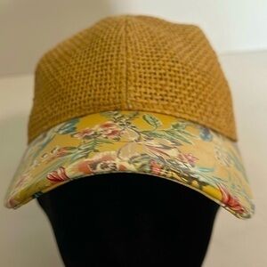 Floral Straw Summer Vacation Sun Beach Strapback Baseball Hat Pleather Bill NWOT